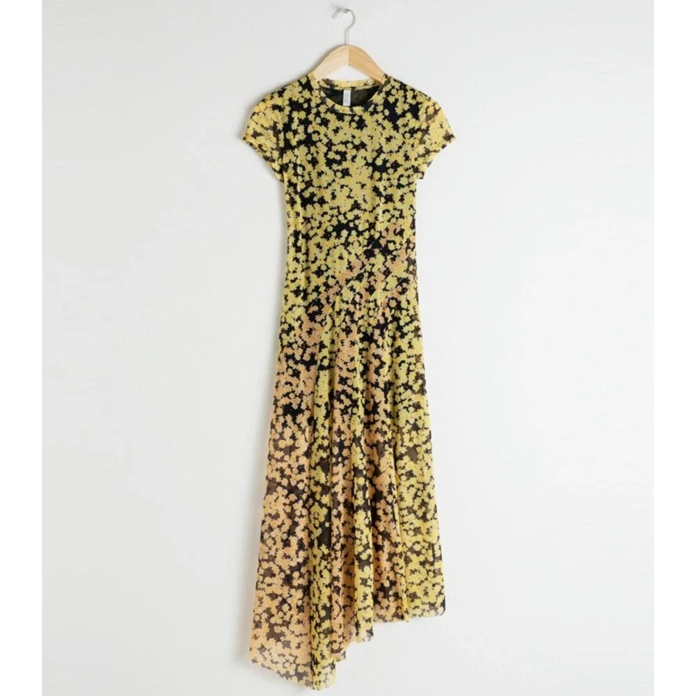 & Other Stories Yellow Floral Mesh Asymmetrical Midi Dress Size US 10